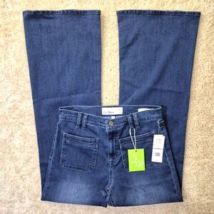 Sam Edleman Bay Flare Trouser Jeans 27 High Rise Patch Pocket Stretch Disco 70s